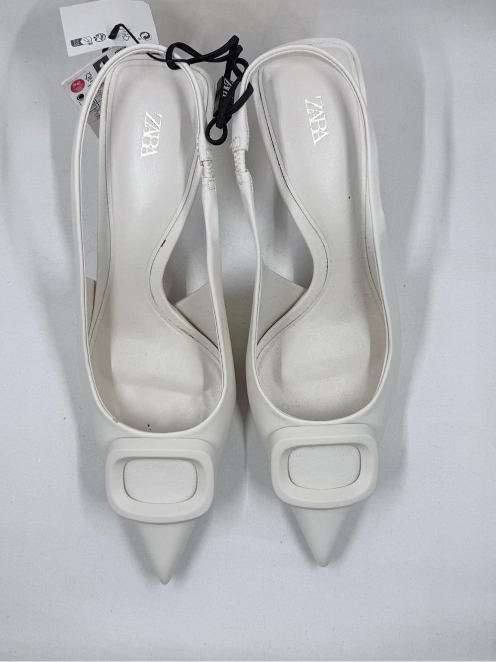 ZARA White Pointed Slingback Pumps with Square Ornament